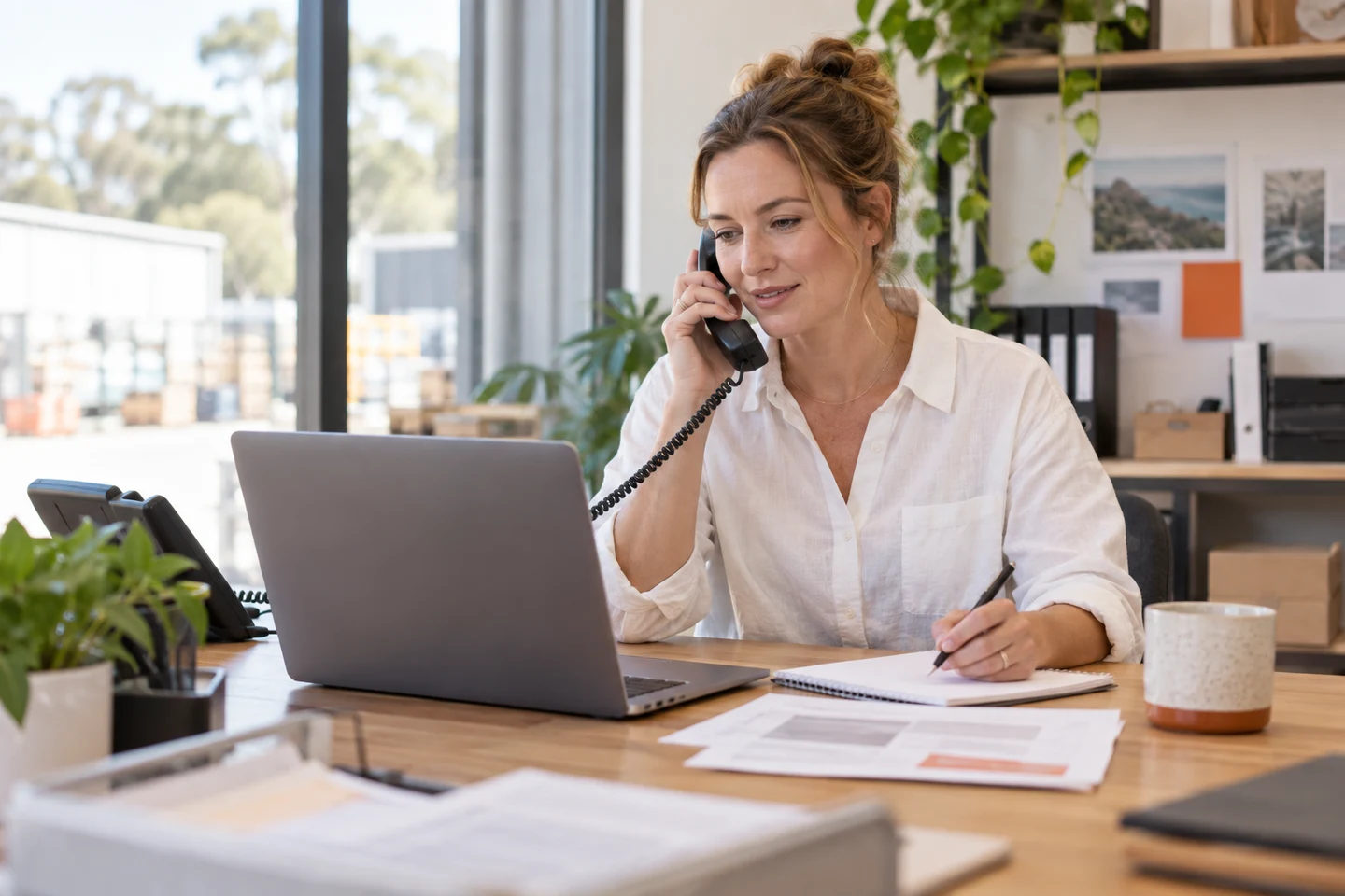 AI-generated photo showing A finance officer at an Australian small business on a desk phone calling a supplier to confirm bank details, a laptop open beside her with the screen facing her, no readable text or logos