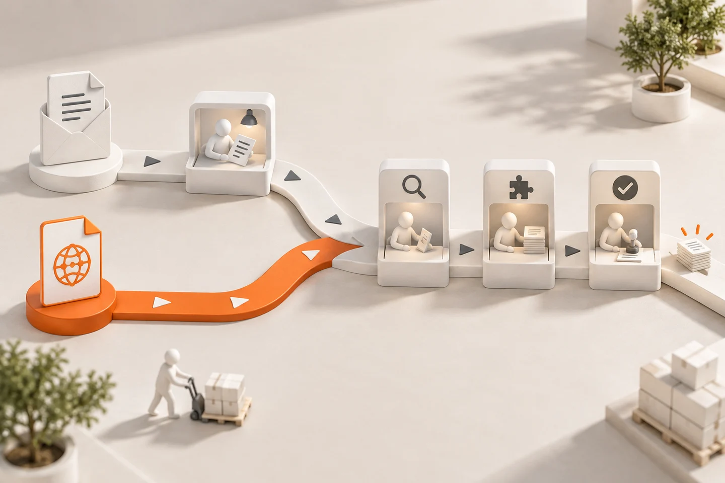 AI-generated model: two paths merging into one, a white PDF envelope path with a reading station and an orange Peppol eInvoice path that skips it, both joining one row of check, match and approve stations