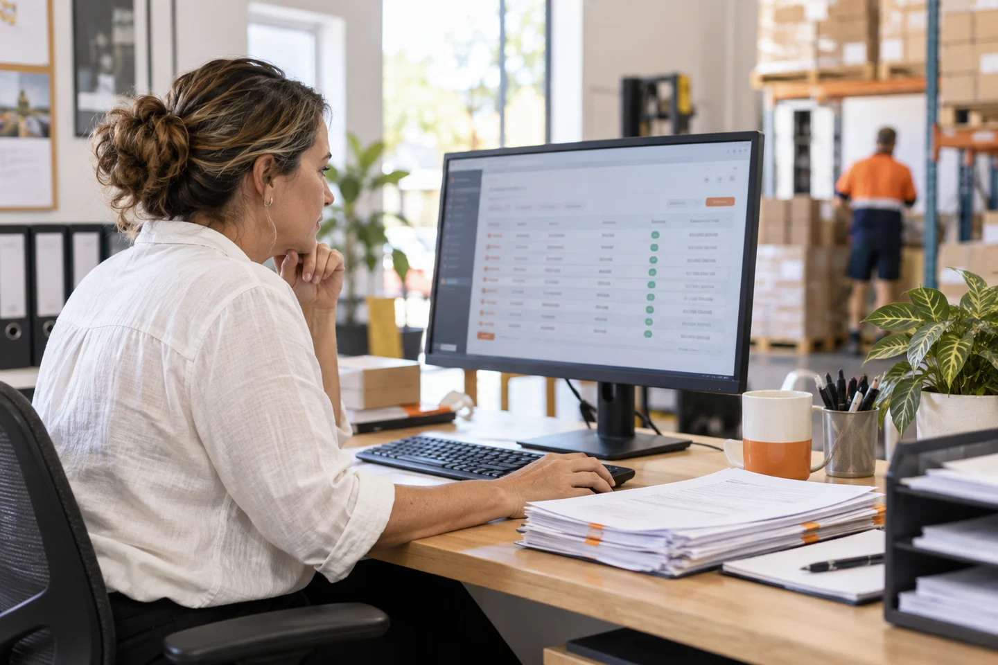 AI-generated photo showing A bookkeeper at a small Australian wholesale business reviewing a queue of checked supplier bills on her monitor, the screen facing her, paper invoices set aside on the desk, no readable text or logos