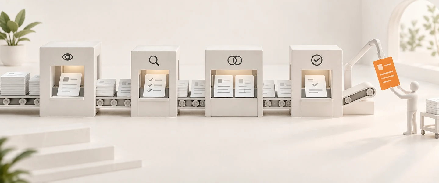 AI-generated model: a long rail of white invoice cards moving left to right through read, check, match and approve stations, one orange card lifted off the rail towards a small human figure