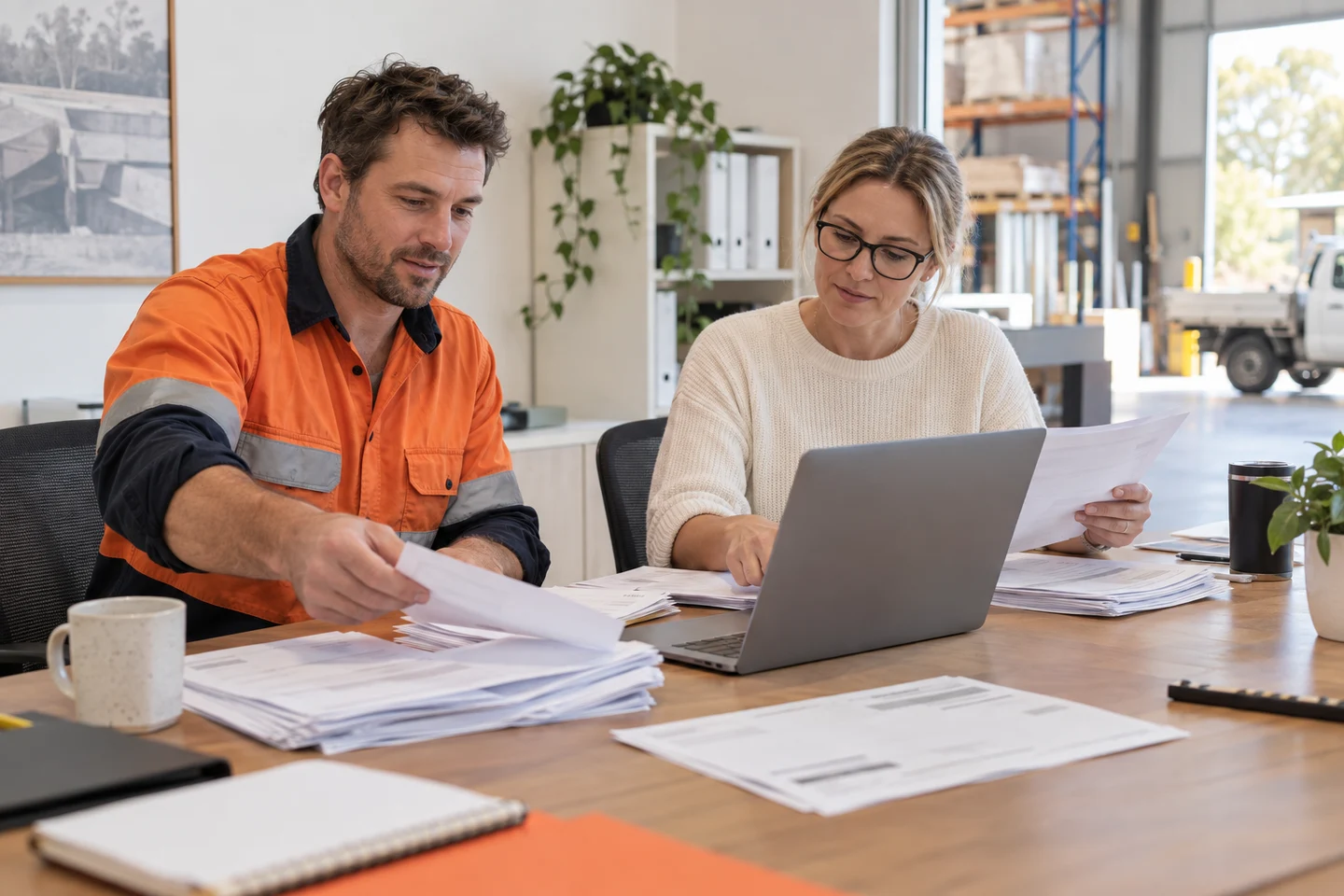 AI-generated photo showing A FactoryJet engineer and the bookkeeper of an Australian trade supplier sorting printed supplier invoices into piles on a meeting table, laptop screen facing them, no readable text or logos