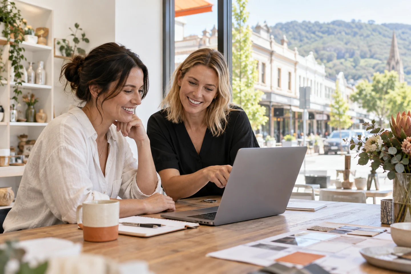 AI-generated photo showing An Adelaide business owner reviewing her new website layout on a laptop with a web designer, East End shopfronts and the Adelaide Hills through the window