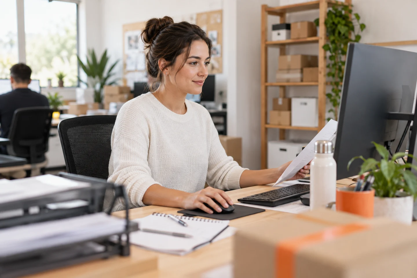 AI-generated photo showing A customer service team member in an online store's back office working through an order inbox an AI agent has already sorted