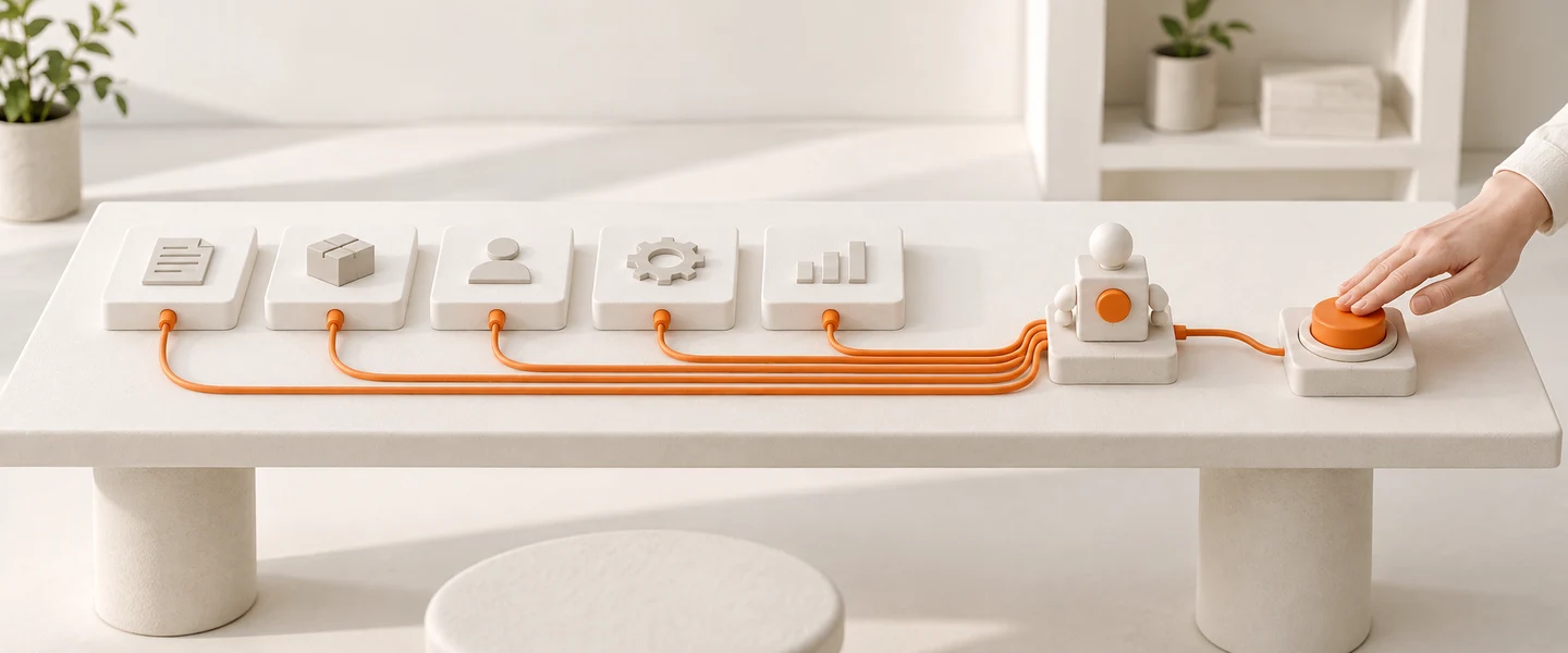AI-generated model: white software tiles on a long table connected by orange cables to one small agent block, a hand resting on an approve switch