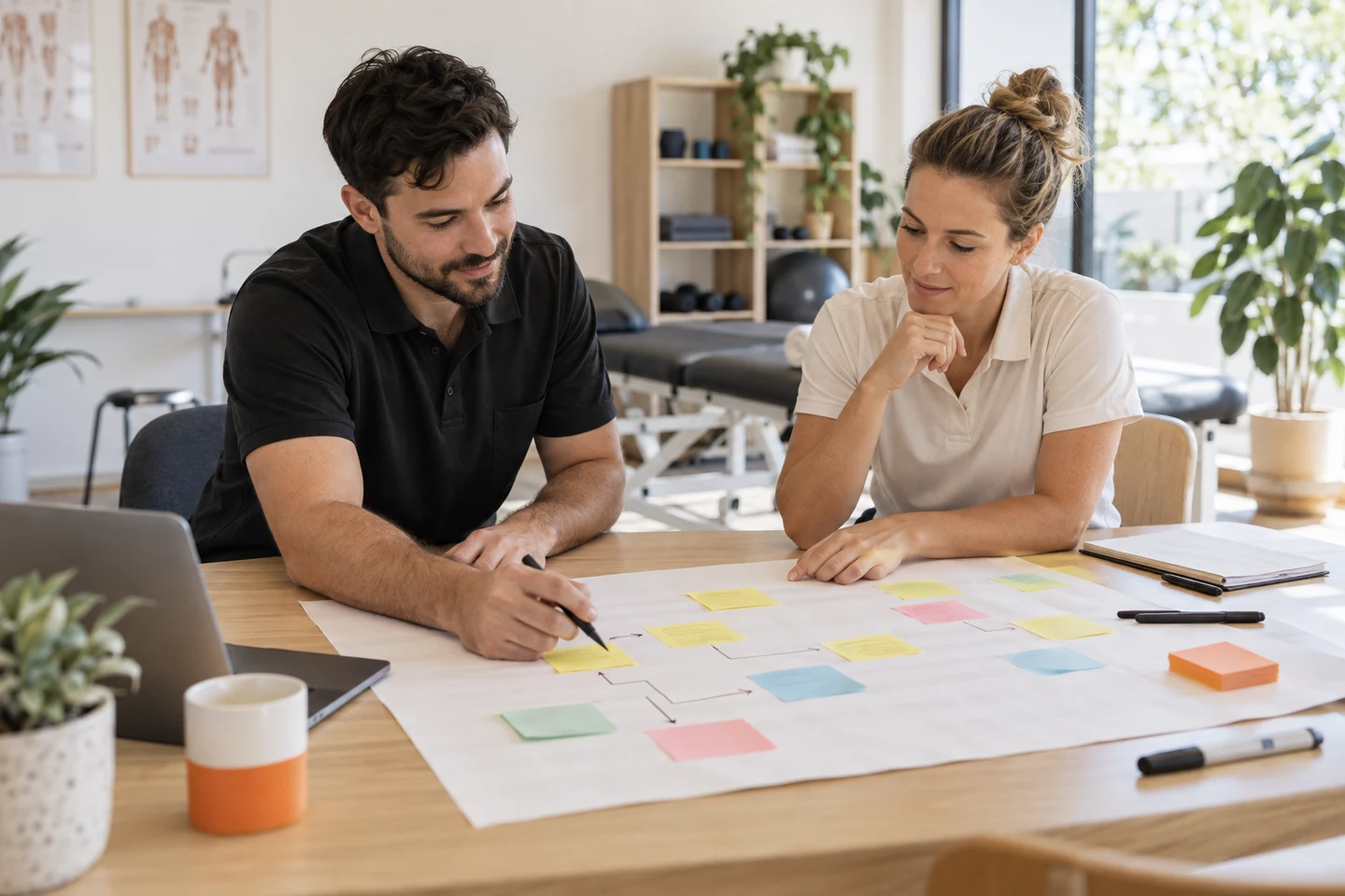 AI-generated photo showing A FactoryJet engineer and a physiotherapy clinic owner mapping her booking process with sticky notes on a large sheet of paper