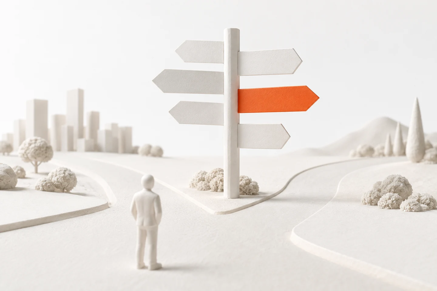 AI-generated model: six white signposts at a fork, one orange sign pointing to the right kind of AI help