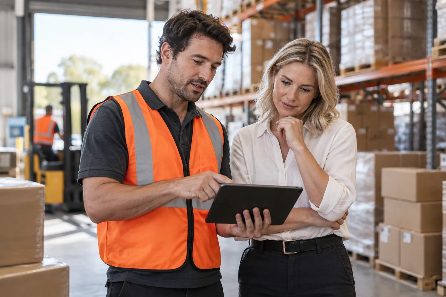 AI-generated photo showing A FactoryJet engineer and a distribution business owner reviewing a tablet together on a warehouse floor