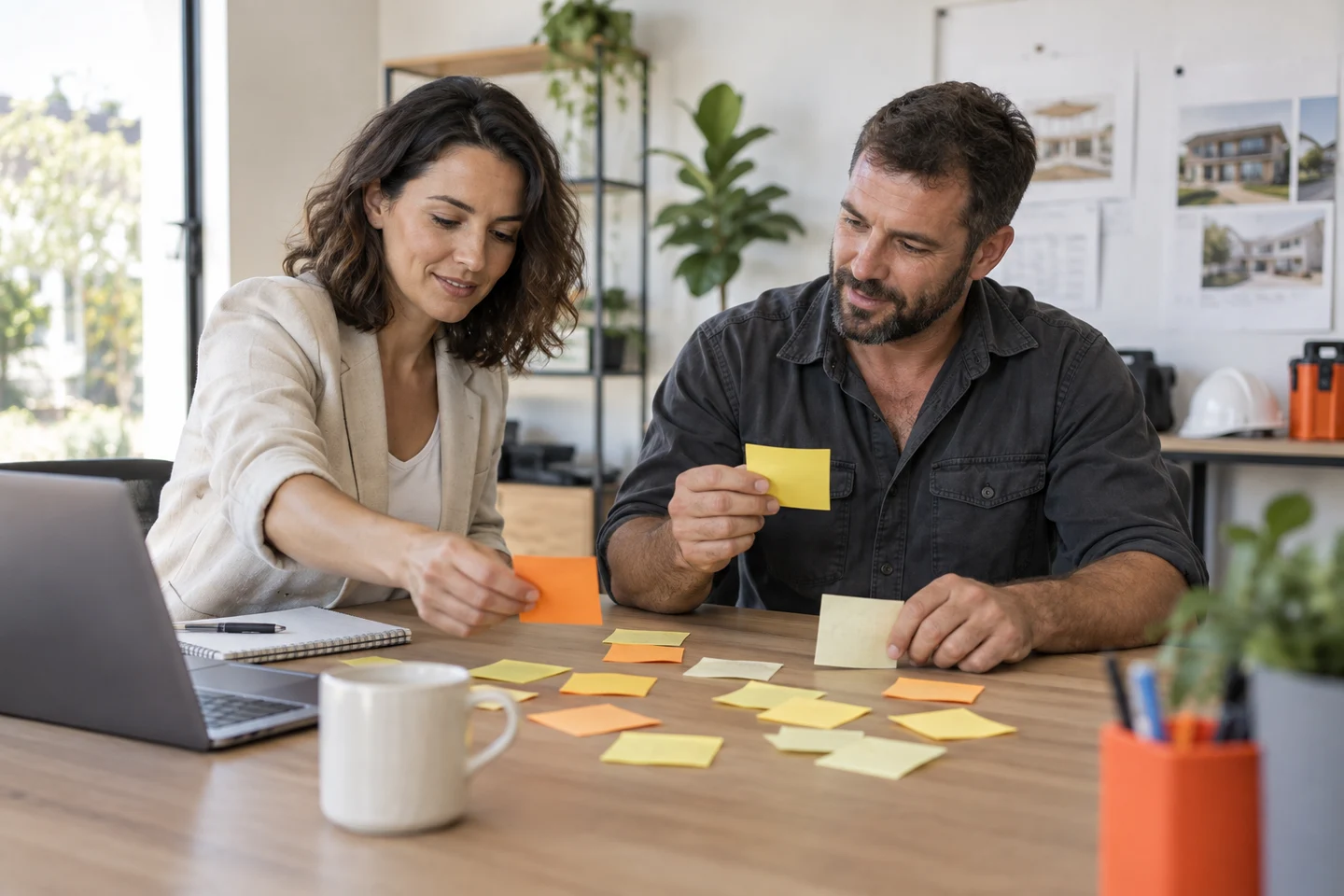 AI-generated photo showing An AI consultant and a trades business owner picking three sticky notes out of a pile of ideas