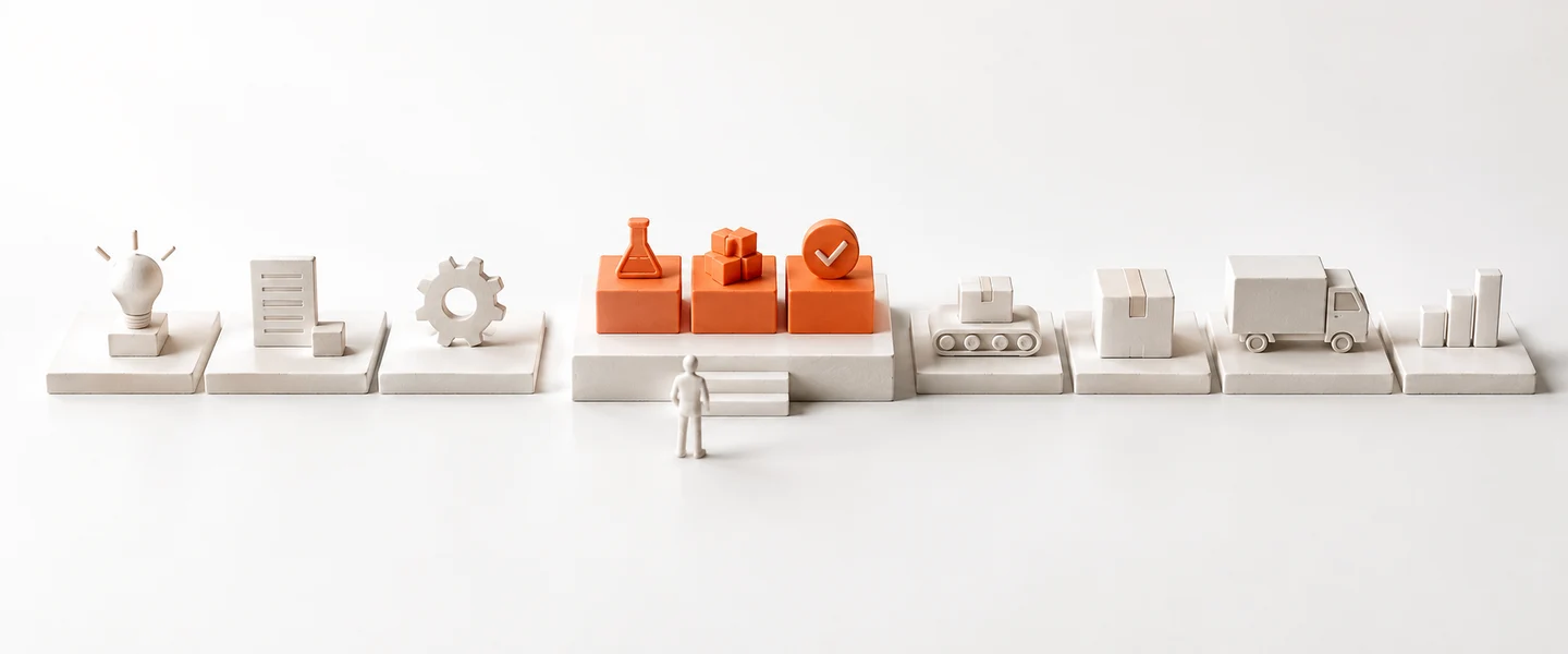 AI-generated model: a long white table of process boxes, three orange boxes lifted onto a small plinth for a pilot