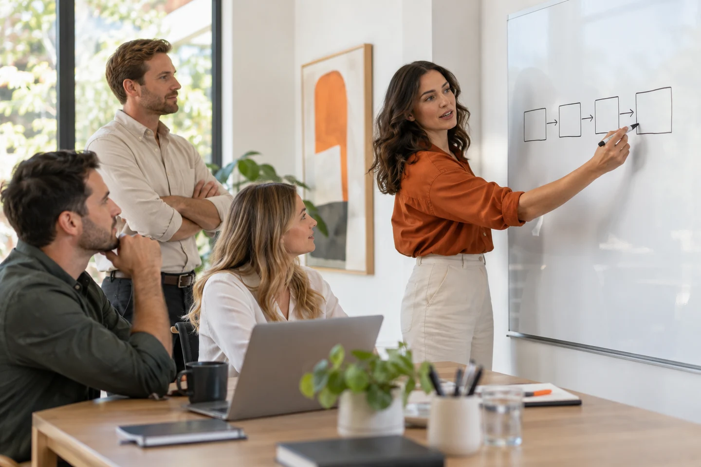 AI-generated photo showing A consultant drawing a four-step process flow of empty boxes on a whiteboard while three staff look on