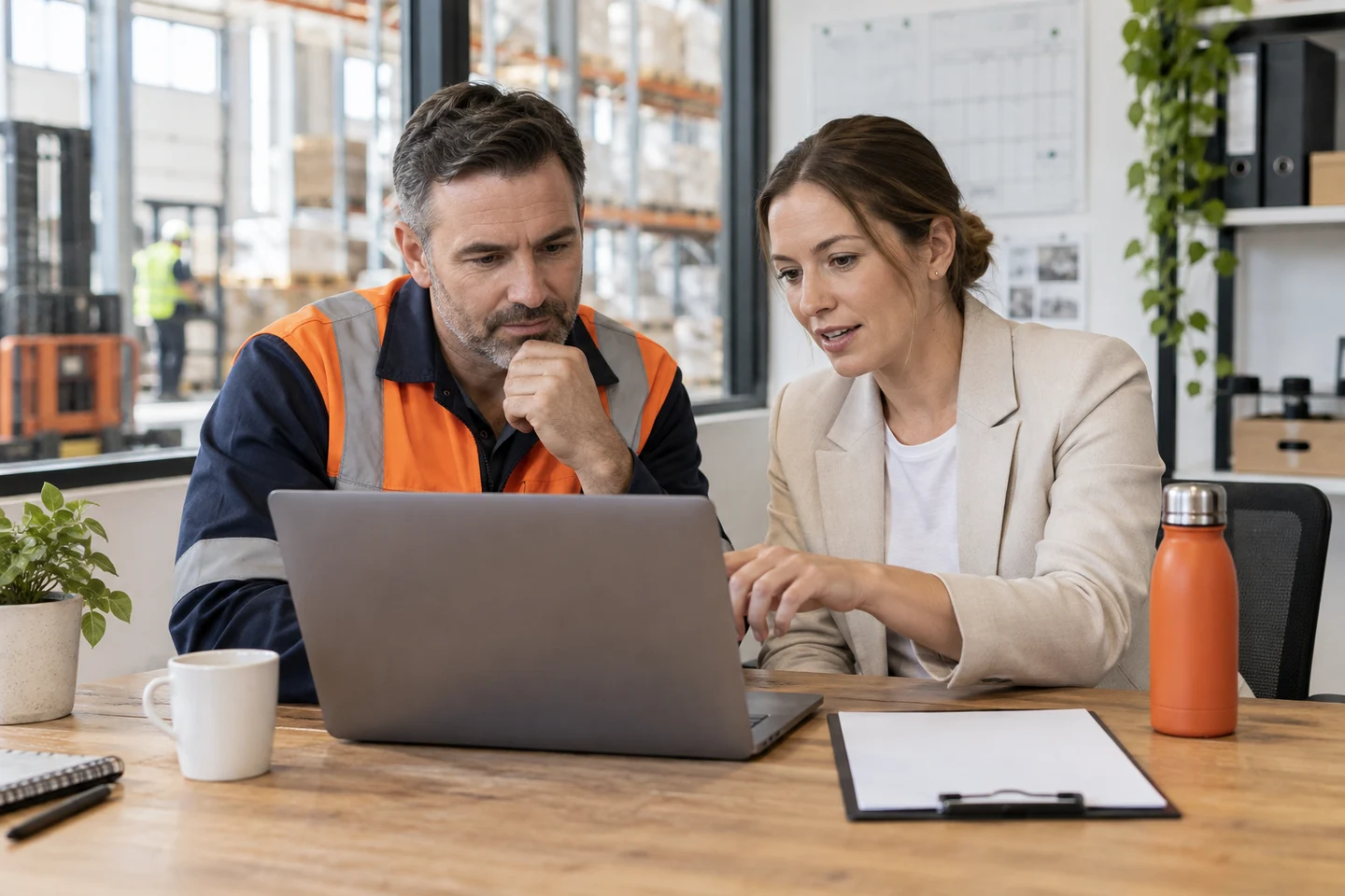 AI-generated photo showing An operations manager and an AI consultant reviewing a laptop and a blank checklist in a warehouse office