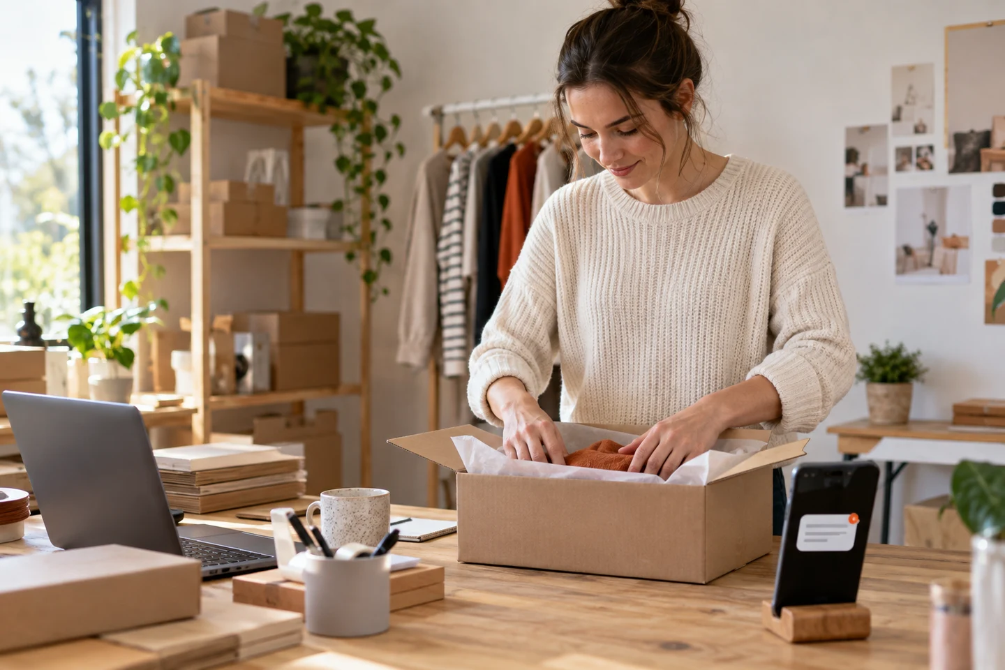 AI-generated photo showing The owner of a small online store packing an order while a chat notification shows on her phone