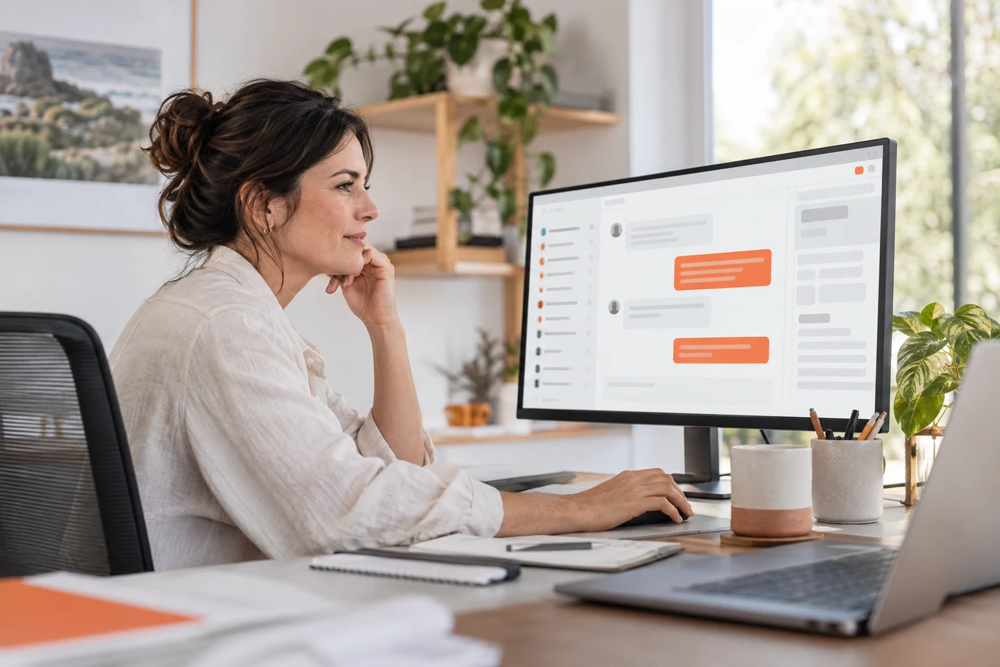 AI-generated photo showing A support lead at an Australian online store reviewing AI chat replies on her monitor