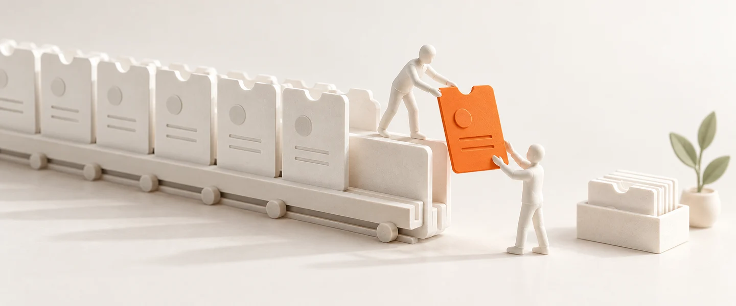 AI-generated model: a row of white support ticket cards on a rail, one orange card lifted out and passed to a small human figure