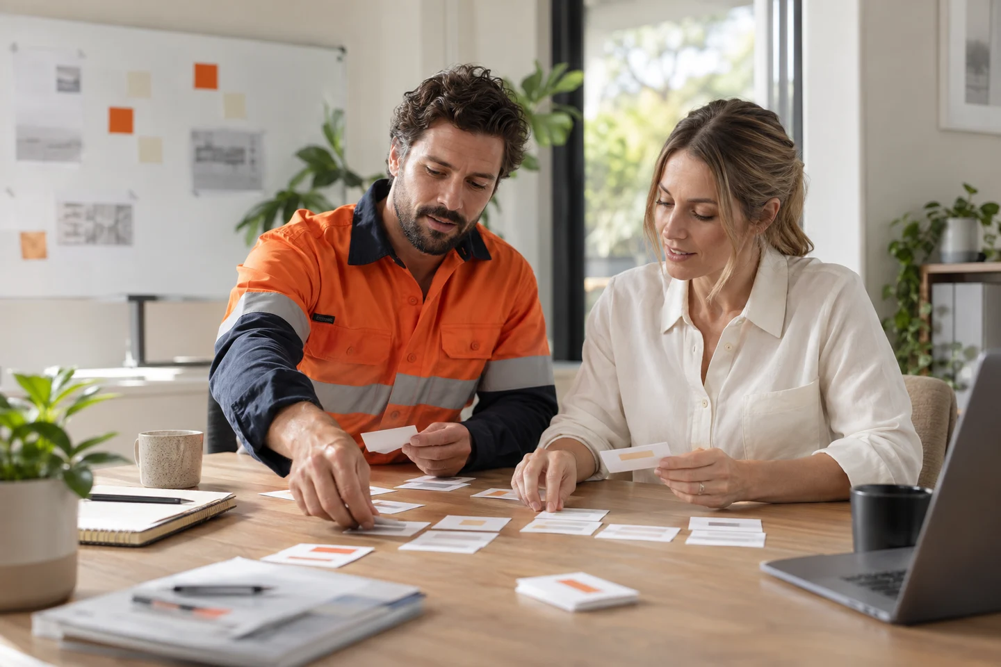 AI-generated photo showing A FactoryJet engineer and a customer service manager sorting ticket cards into piles at a meeting table
