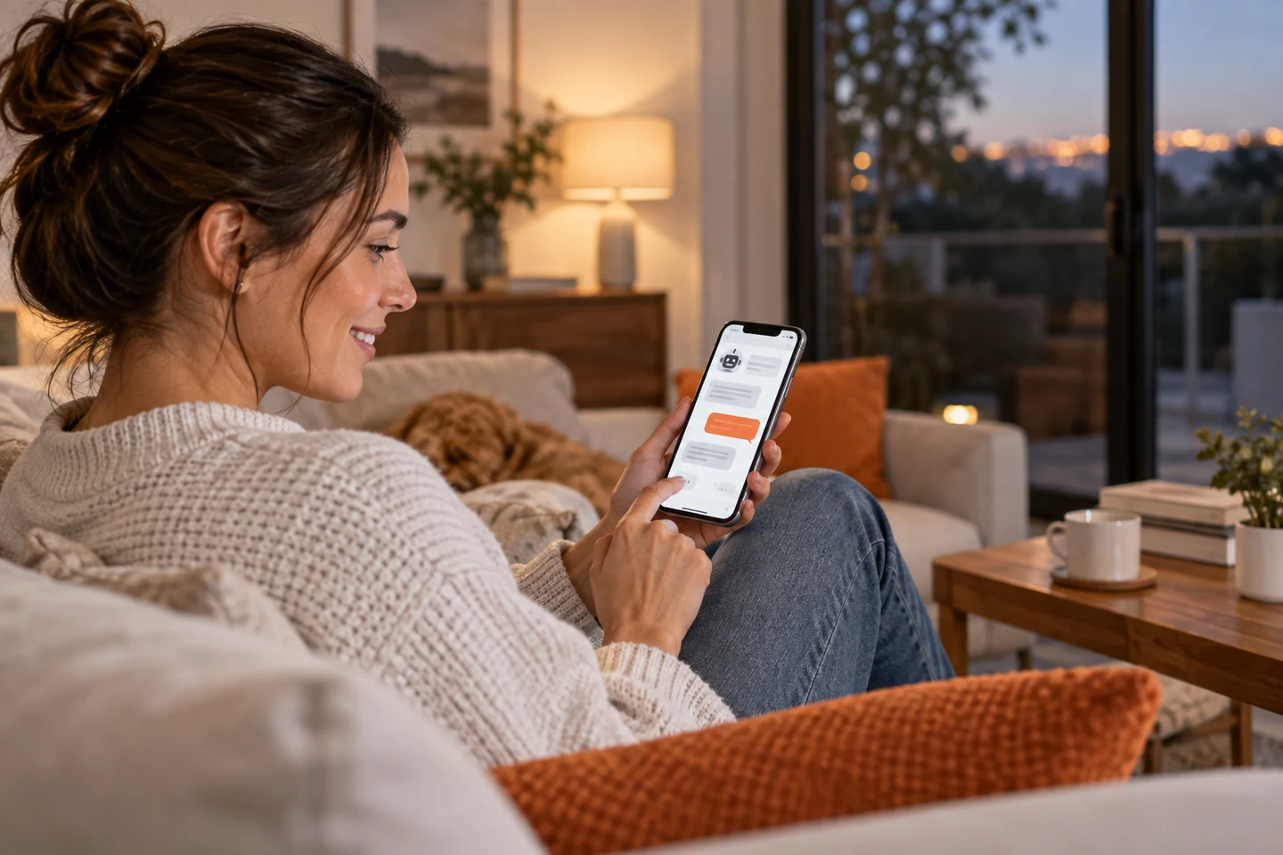 AI-generated photo showing A customer at home in the evening chatting with an online store's AI assistant on her phone