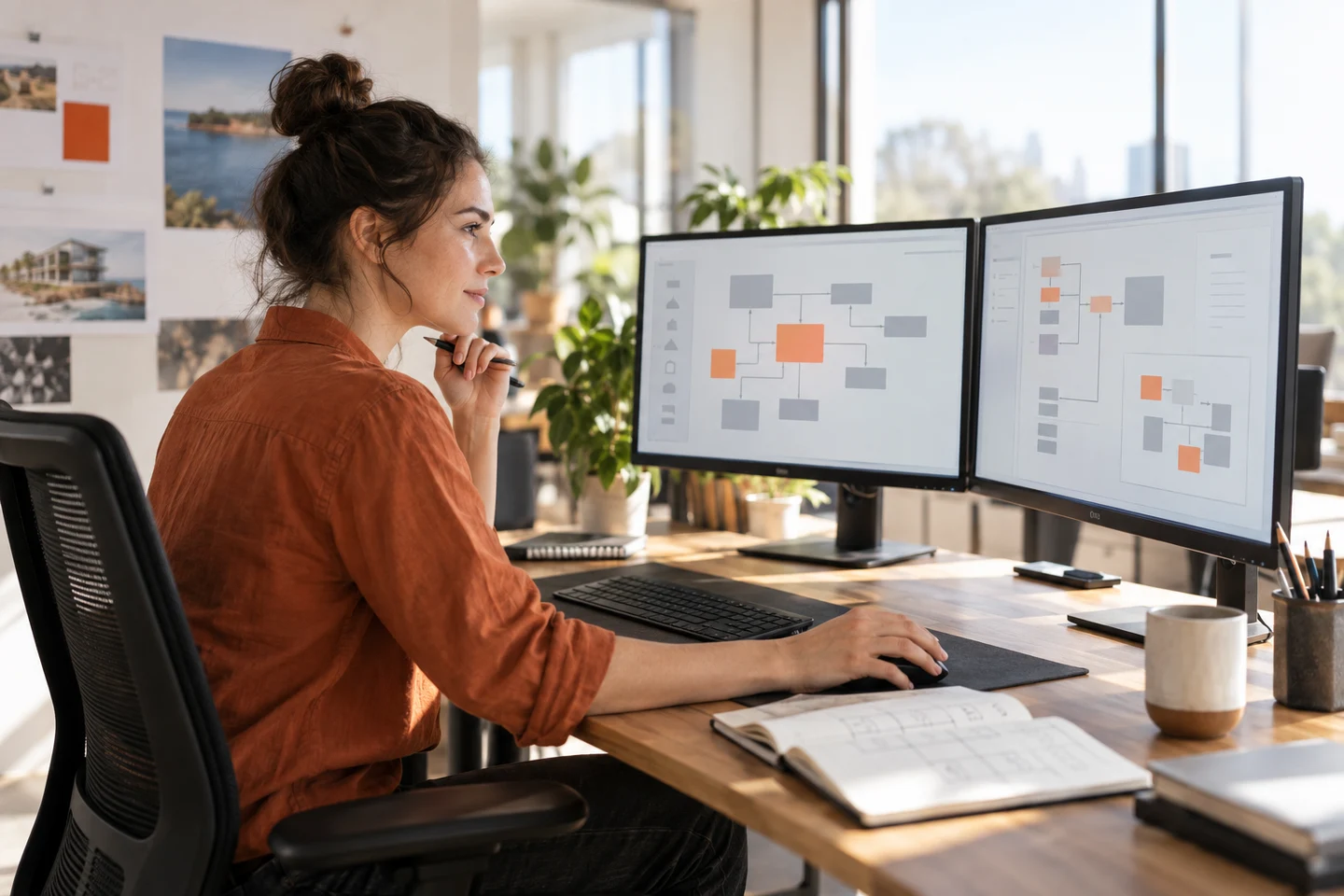 AI-generated photo showing An AI engineer working on two monitors showing a diagram of connected system blocks