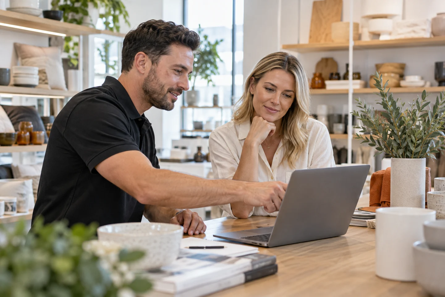 AI-generated photo showing A FactoryJet engineer and the owner of a homewares wholesaler reviewing an internal tool on a laptop at a showroom counter