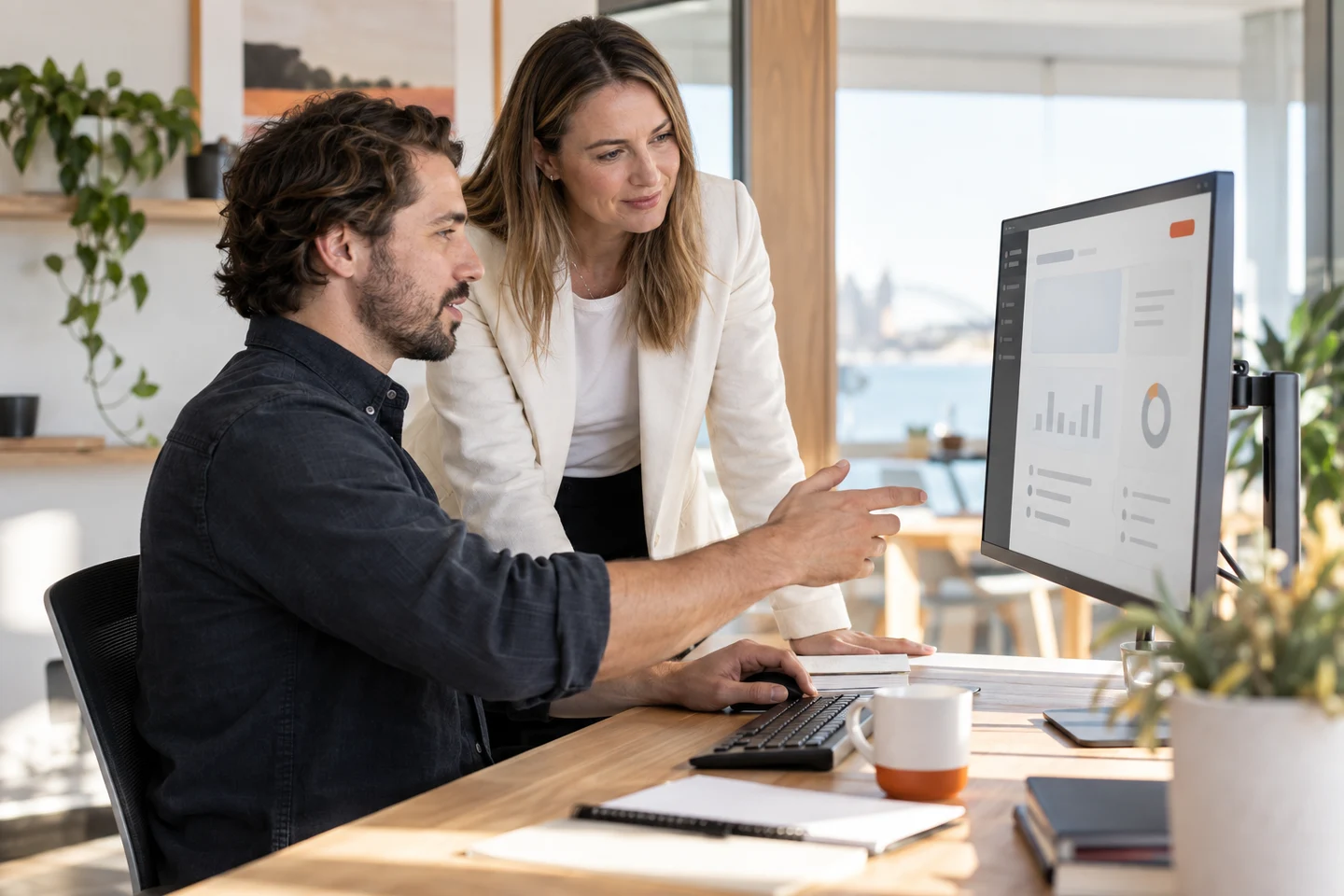 AI-generated photo showing A FactoryJet developer and a business owner reviewing a custom internal AI tool on a monitor