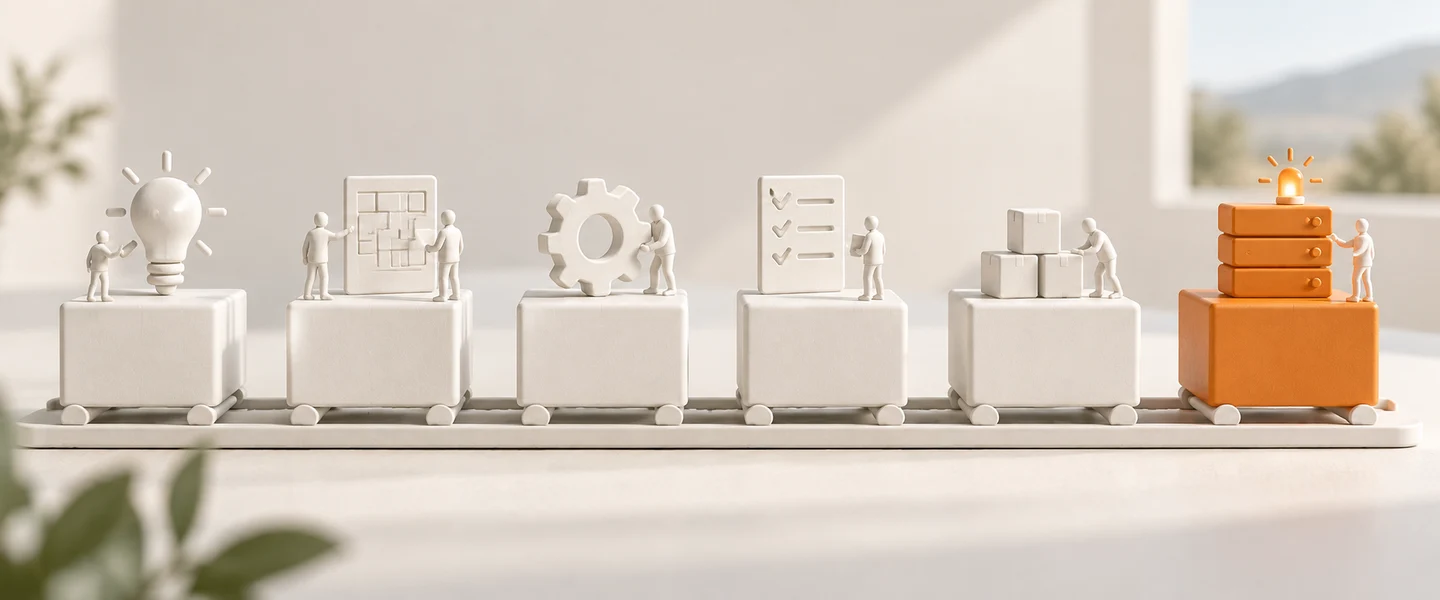 AI-generated model: six white blocks on a long rail from idea to live system, the last block orange with a small status light