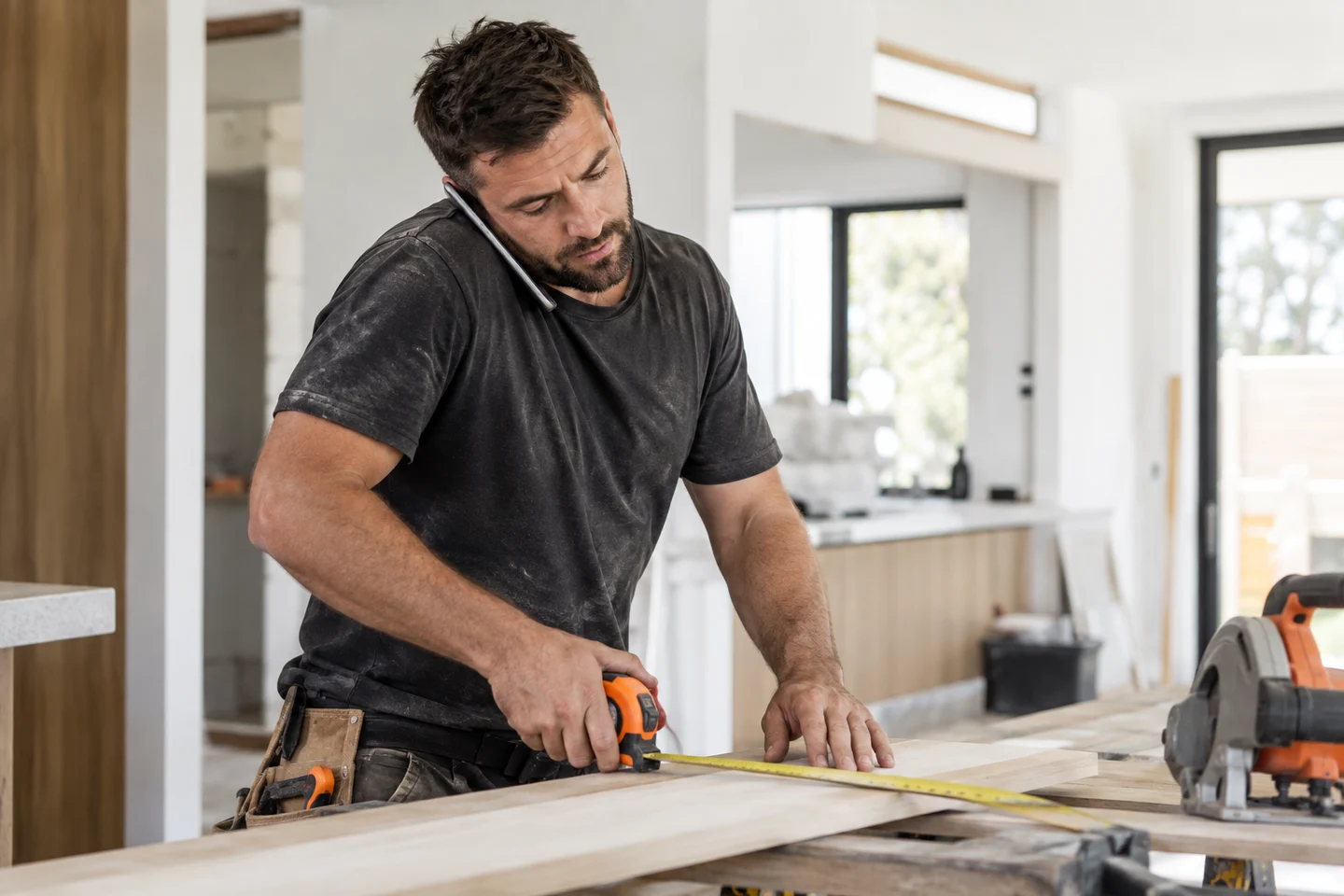 AI-generated photo showing A tradie busy with both hands at work while a call comes in on his phone
