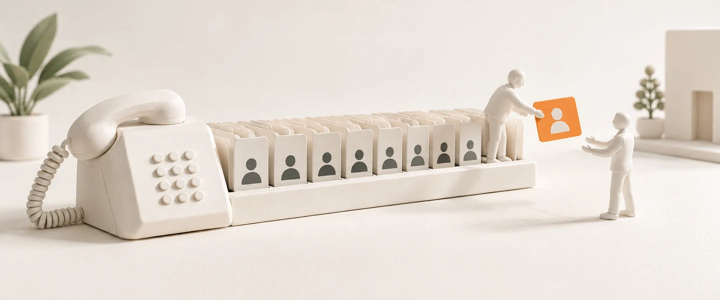 AI-generated model: a white desk phone on a long rail of call cards, one orange card lifted out and passed to a small human figure