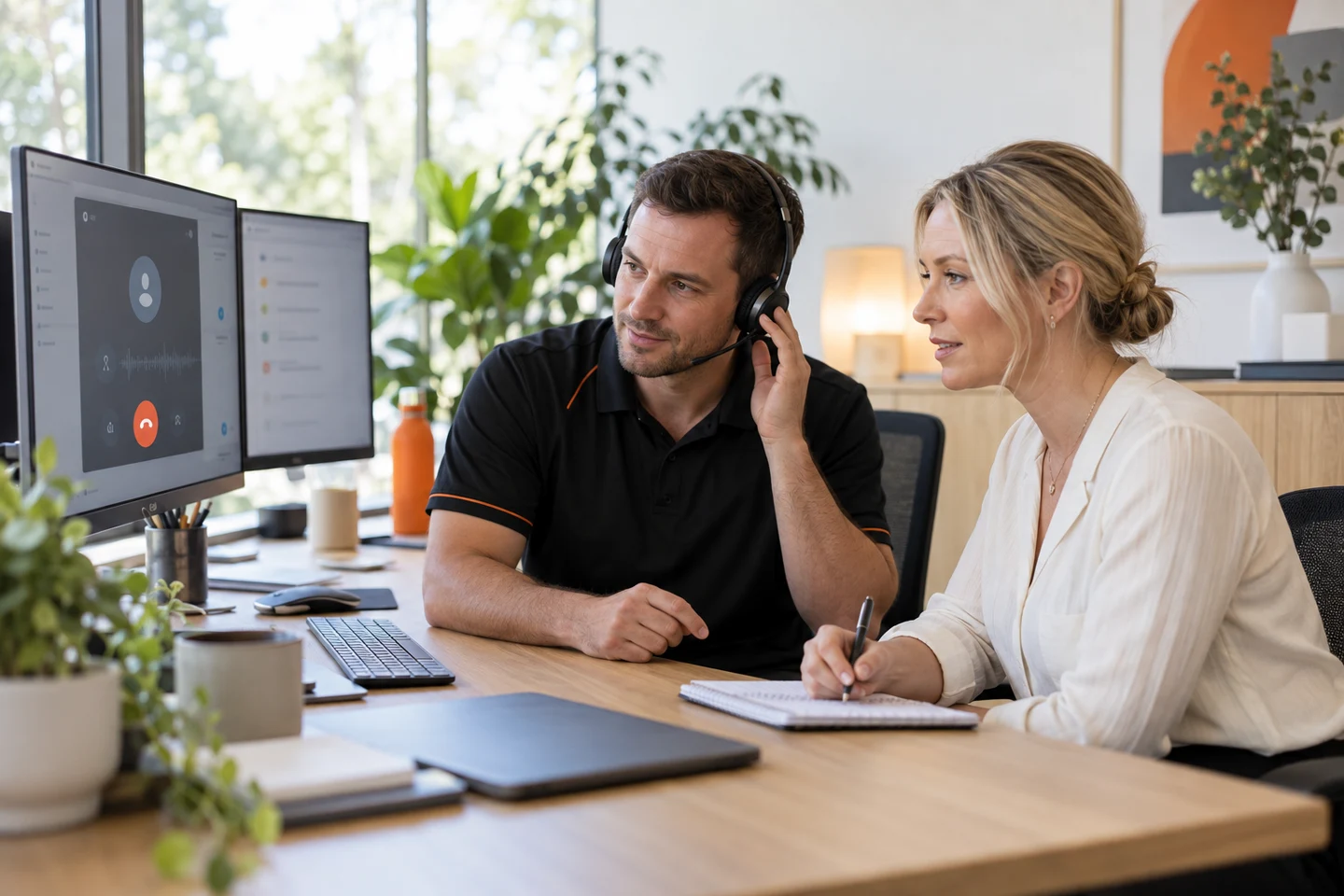 AI-generated photo showing A FactoryJet engineer and a clinic practice manager listening to real incoming calls together while she takes notes