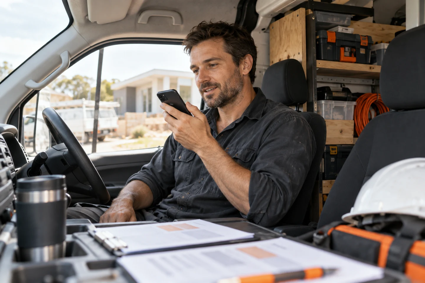 AI-generated photo showing A tradesman in his work van asking an AI assistant a question on his phone