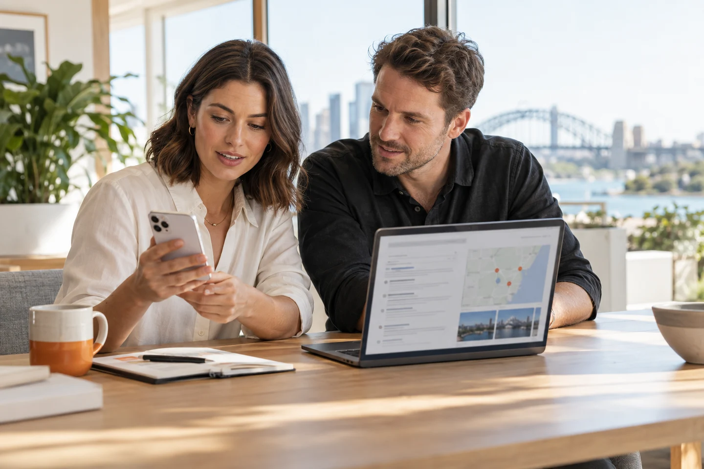 AI-generated photo showing A marketing manager comparing an AI assistant answer on her phone with search results on her laptop, a FactoryJet specialist beside her