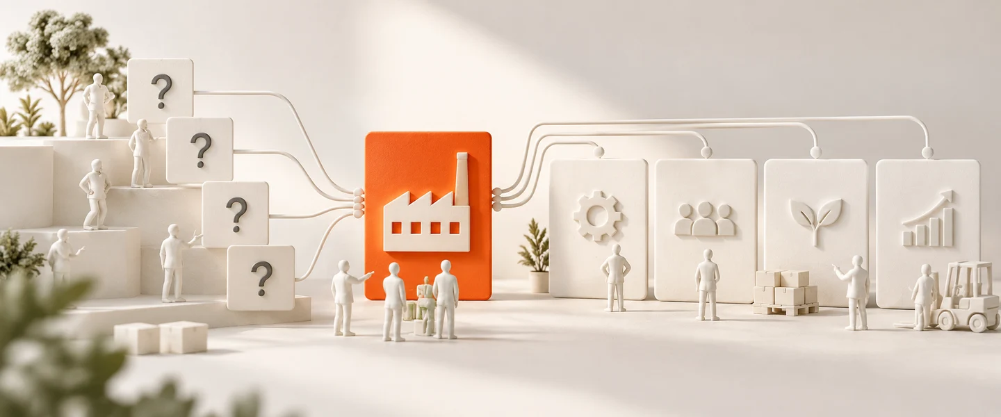 AI-generated model: white question cards feeding into four white answer panels, one orange card naming a business in all four