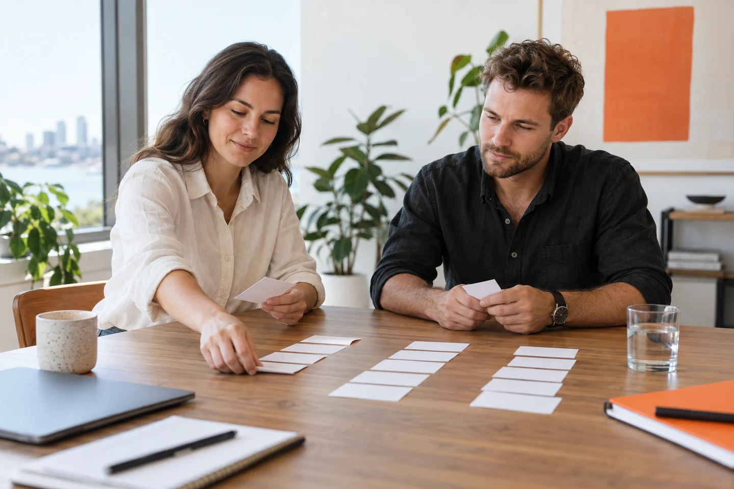 AI-generated photo showing Two people at a meeting table sorting index cards of buyer questions into three columns