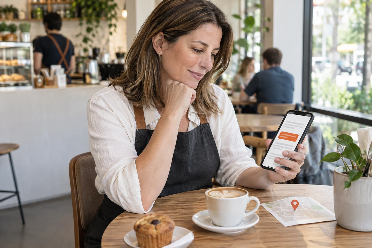 AI-generated photo showing A business owner at a café table reading a short AI assistant answer on her phone next to a Google Maps listing