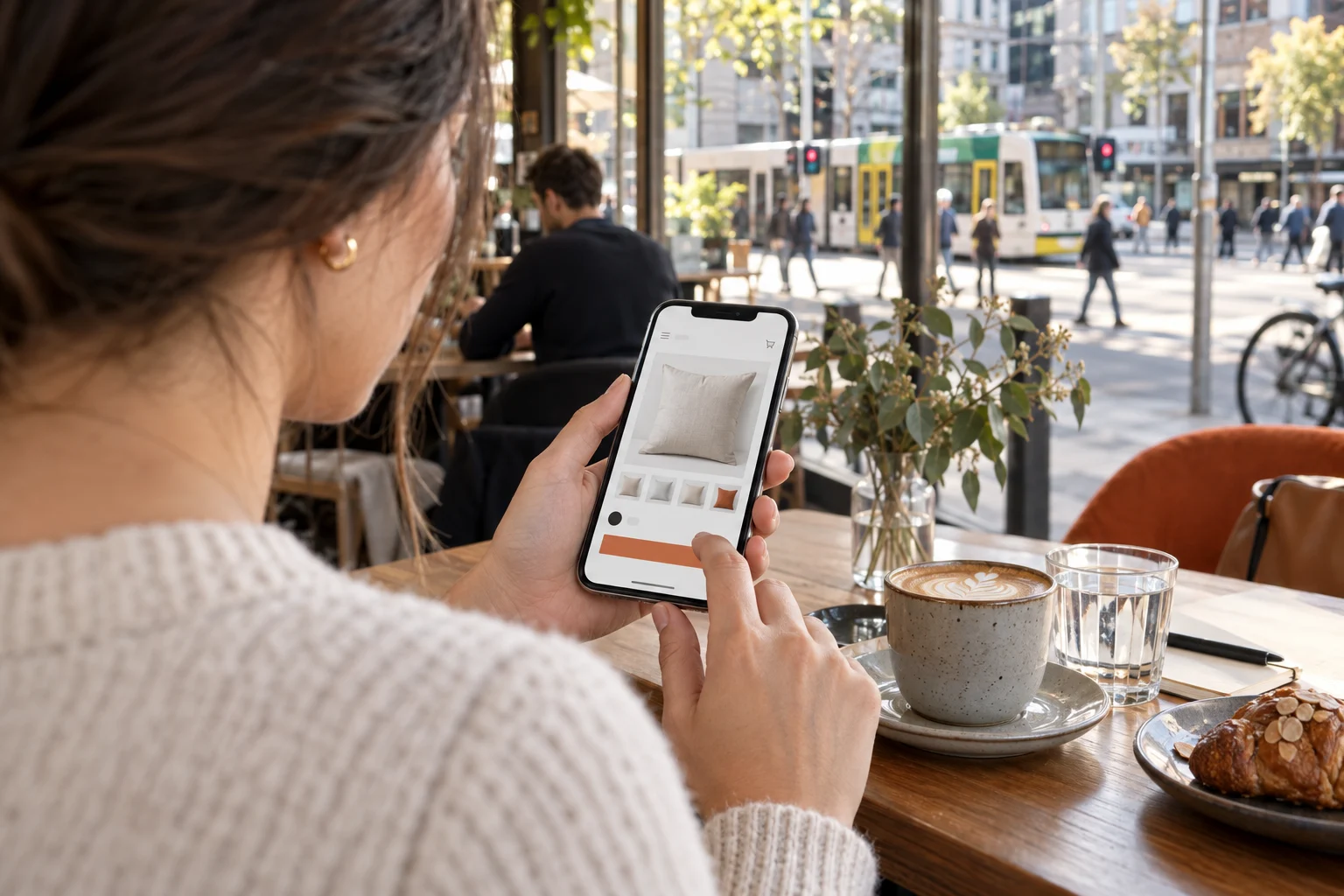 Over-the-shoulder view of a shopper at a Melbourne café near Flinders Street checking out a complete linen cushion product page on a mobile online store