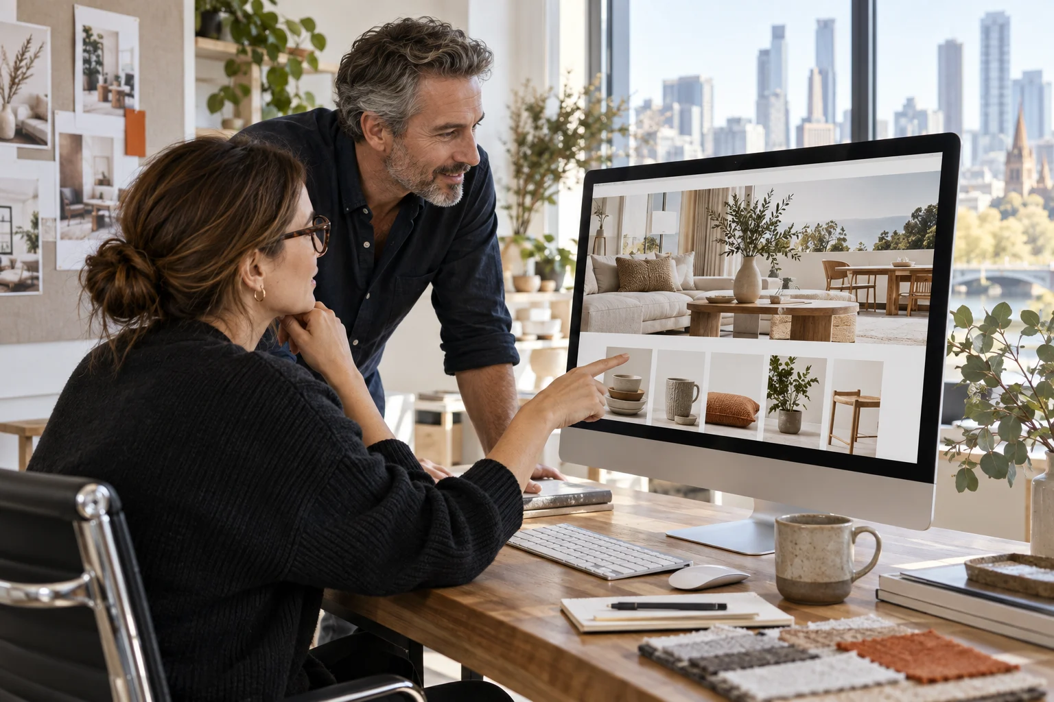 A web designer and her client reviewing a finished Australian homewares website with a photographic hero and product collections on a large monitor in a bright Melbourne studio
