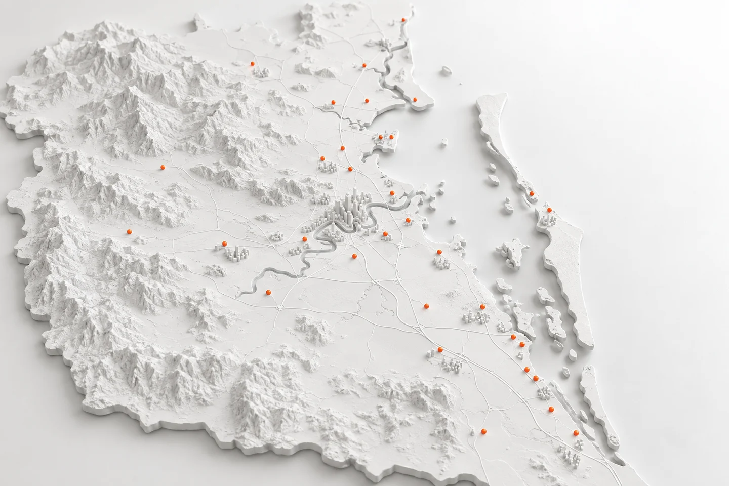 AI-generated map showing A plain map of Brisbane and South East Queensland with the listed areas marked as small dots; no office pin, because FactoryJet has no Brisbane office