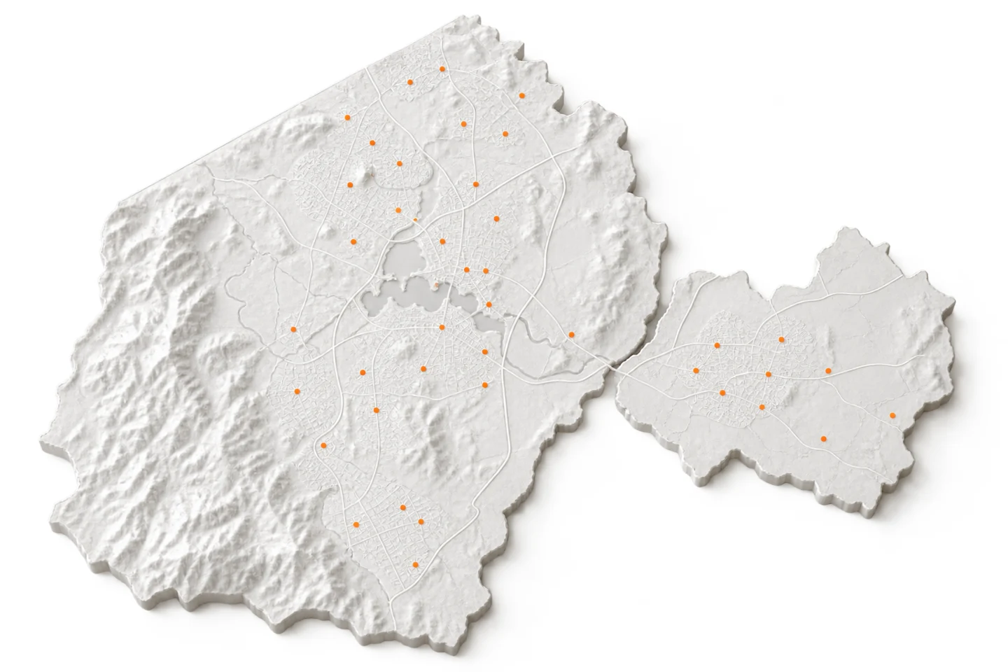 AI-generated map showing A plain map of the ACT and Queanbeyan with the listed districts marked as small dots; no office pin, because FactoryJet has no Canberra office