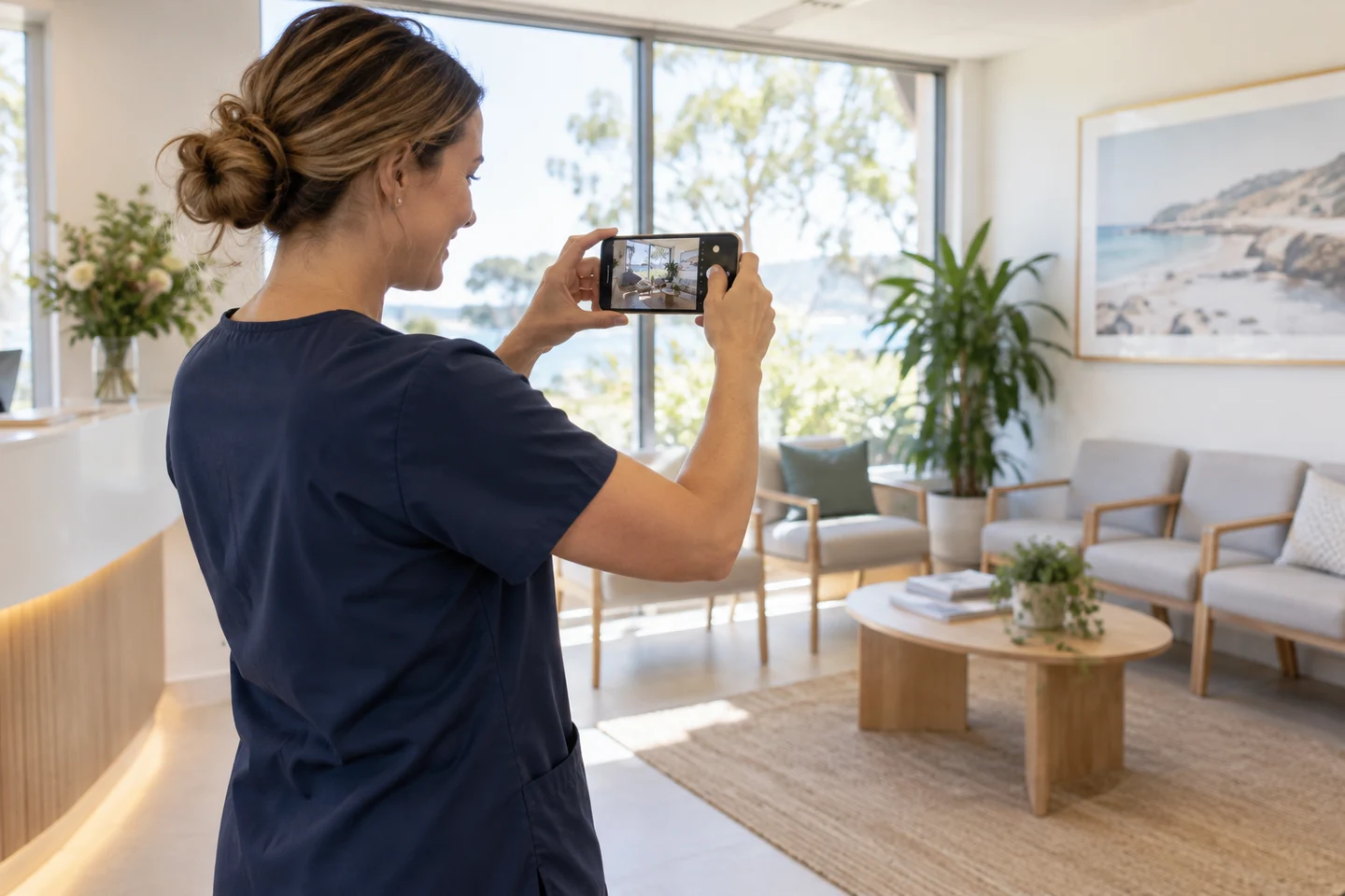 AI-generated photo showing A dentist in scrubs photographing her practice's bright waiting room for the new website