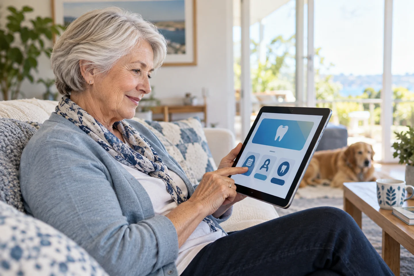 AI-generated photo showing An older woman at home using a high-contrast dental practice website with large buttons on her tablet