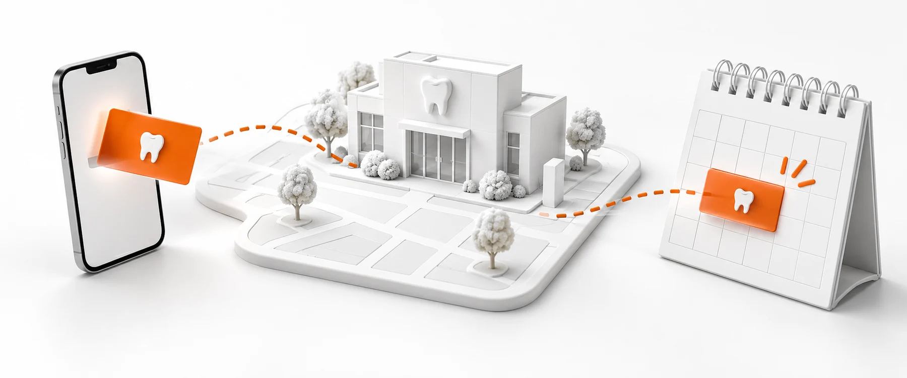 AI-generated model: a white dental practice building on a map, with an orange booking card travelling from a phone into an appointment book