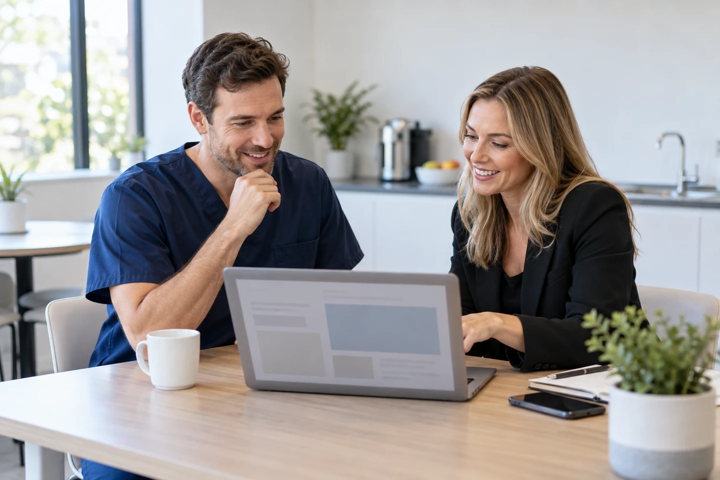 AI-generated photo showing A dentist and a FactoryJet content strategist reviewing website copy together on a laptop in a practice staff room