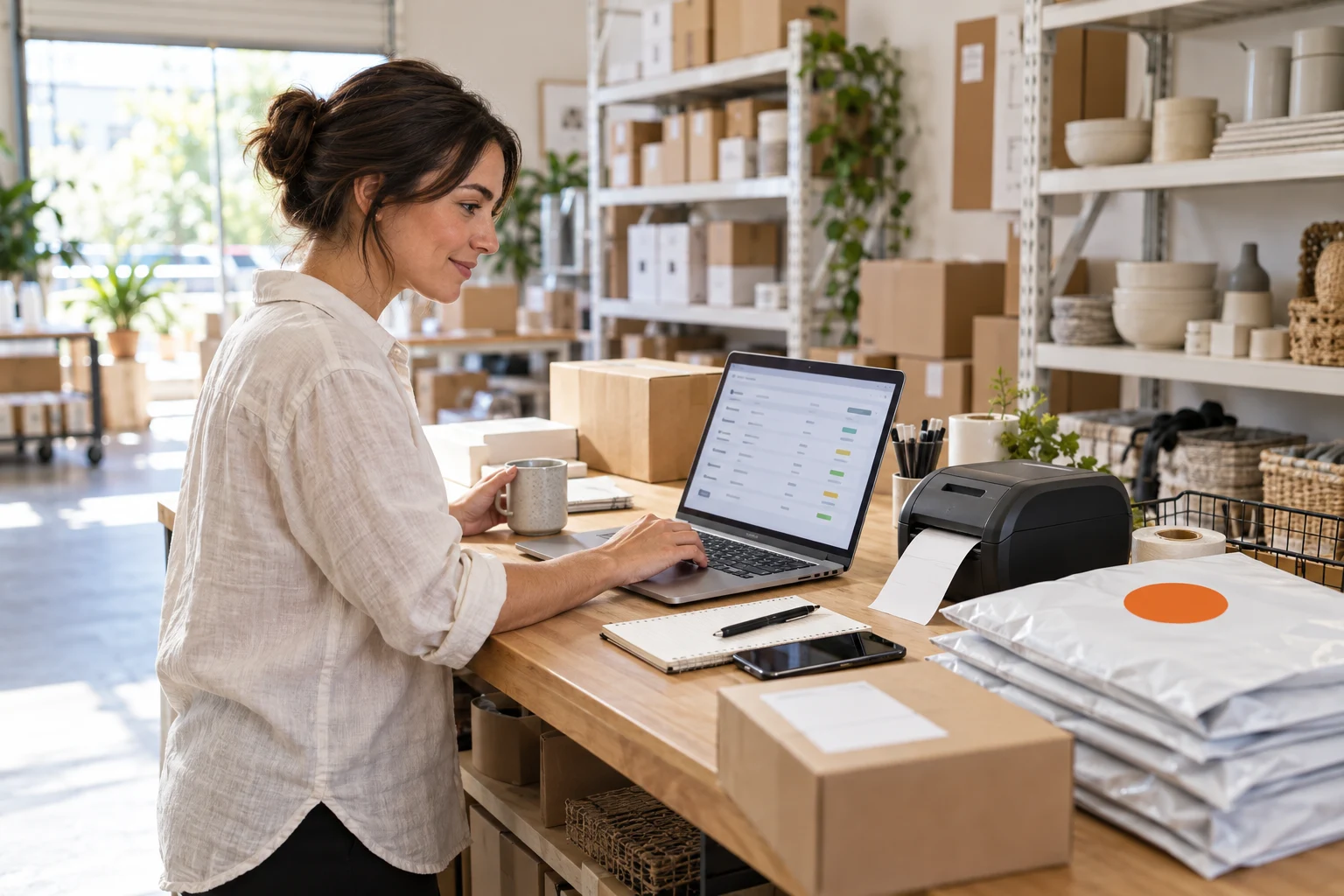 AI-generated photo showing An operations manager at an online homewares brand checking synced orders on her laptop beside a label printer and courier satchels