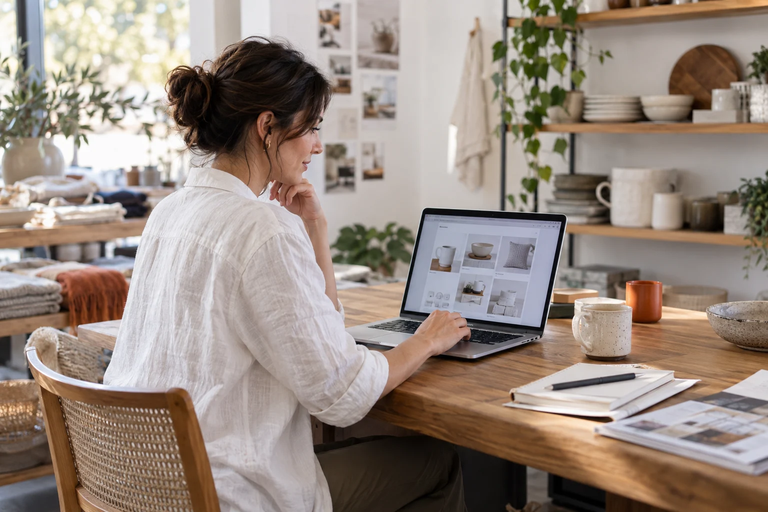 AI-generated photo showing The owner of a Melbourne homewares brand reviewing product pages on her online store at a timber desk