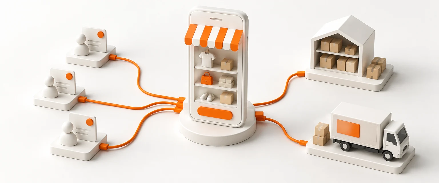 AI-generated model: a white online store on a phone-sized stand, connected by orange cables to small accounts, stock and courier blocks