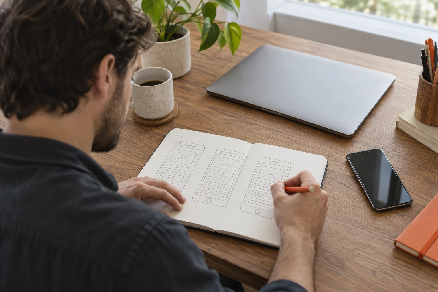 AI-generated photo showing A designer sketching mobile product page wireframes in a paper sketchbook, a phone and closed laptop beside him