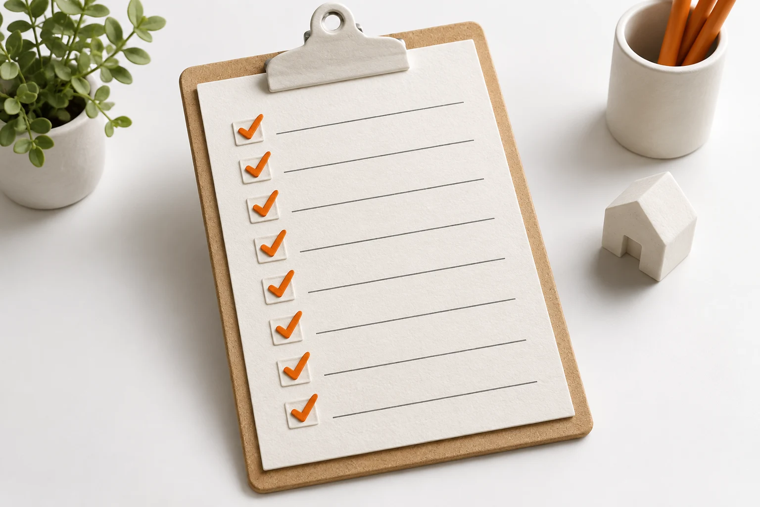 AI-generated model: a white eight-line checklist on a clipboard, orange ticks on each line