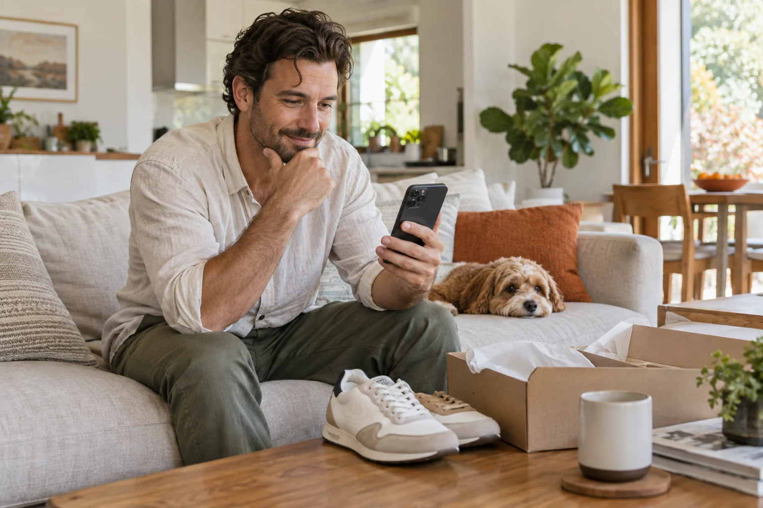 AI-generated photo showing A shopper on his sofa asking an AI assistant on his phone for shoe recommendations