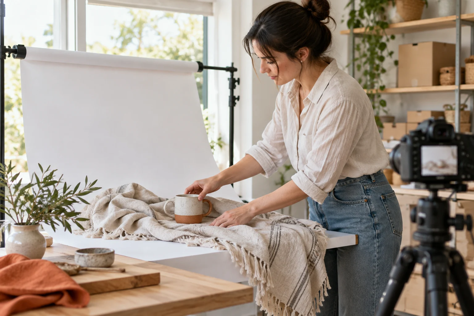 AI-generated photo showing A small online retailer setting up original product photos of a linen throw and a mug on a white backdrop