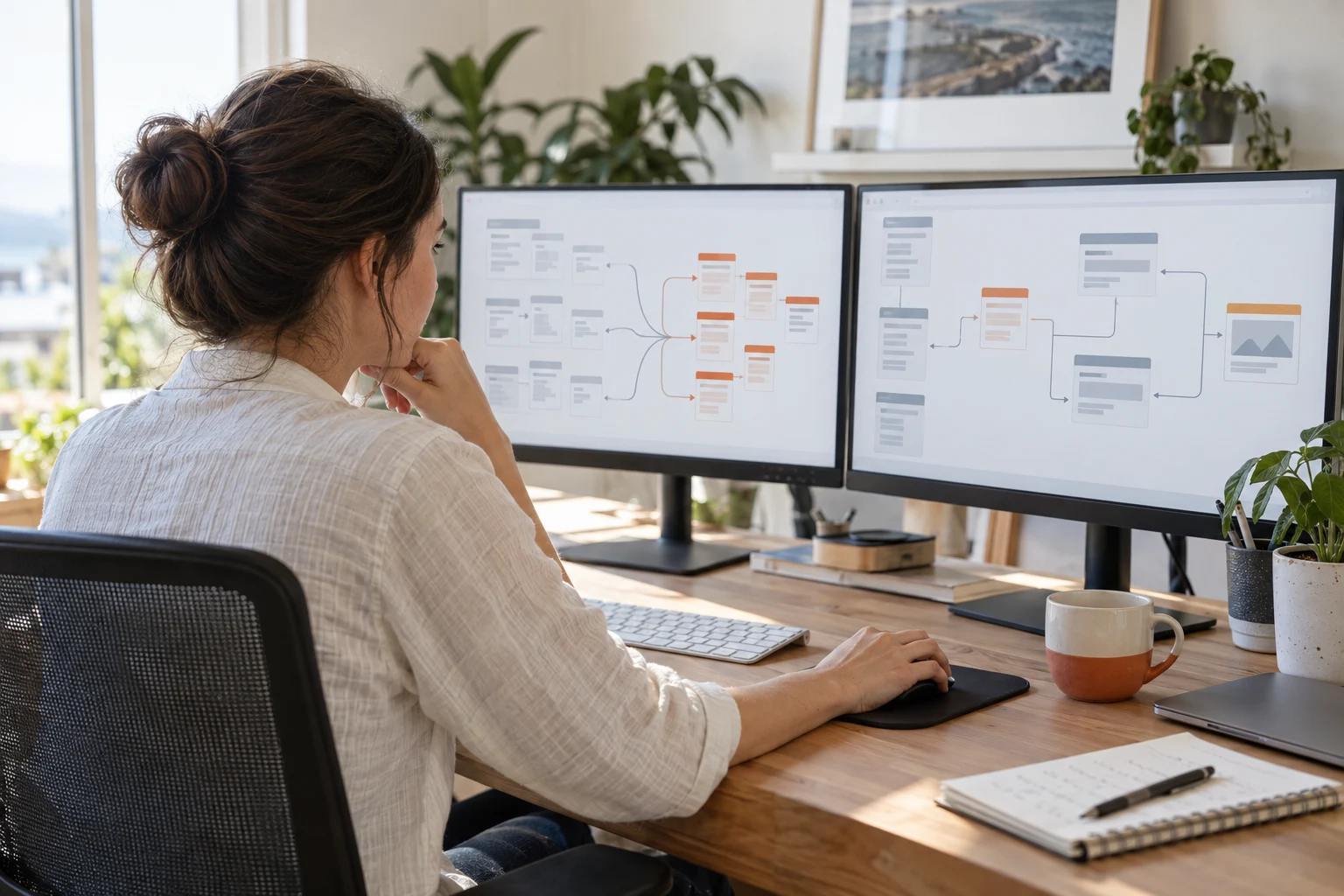 AI-generated photo showing An engineer reviewing a redirect map that links old store pages to new ones across two monitors