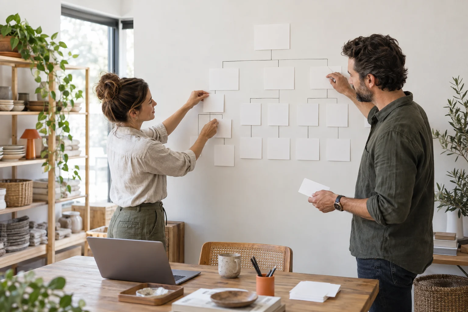 AI-generated photo showing A homewares store founder and an ecommerce SEO consultant arranging blank cards into a category tree on a wall