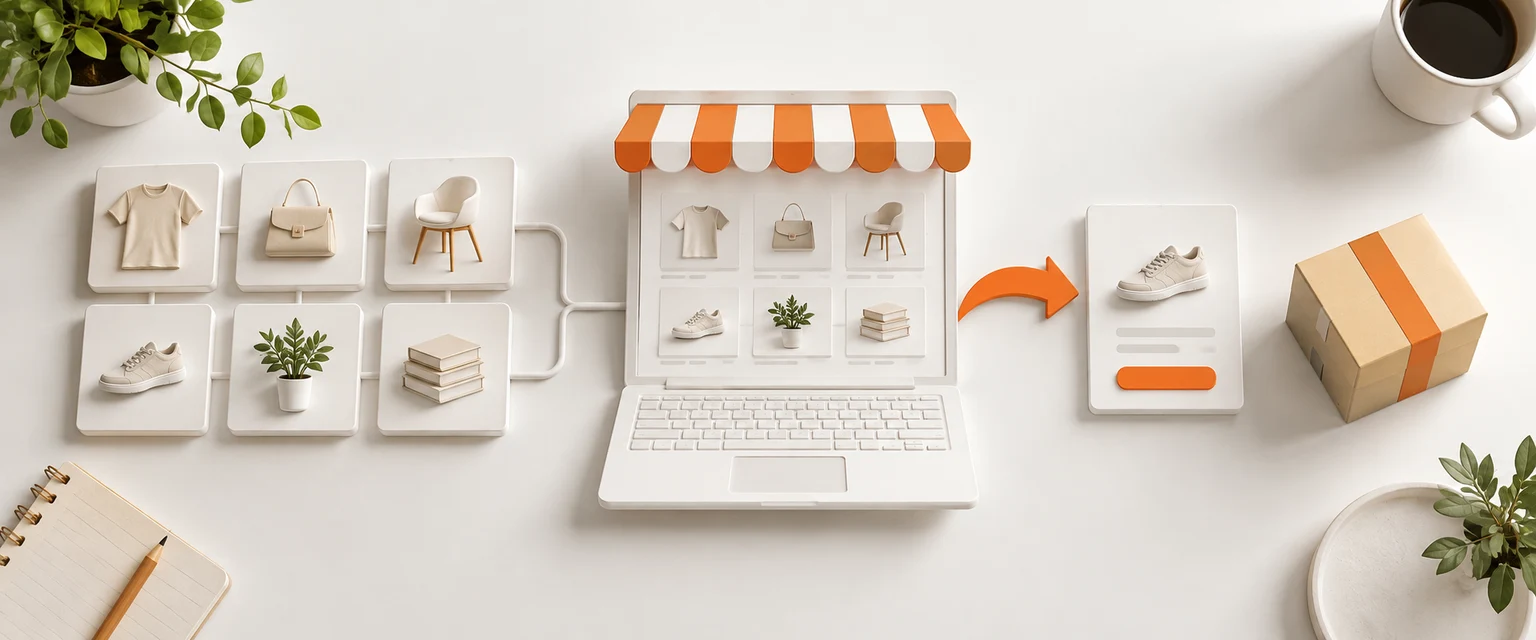AI-generated model: a white online store on a table with category cards, product tags and a single orange redirect arrow, seen from above